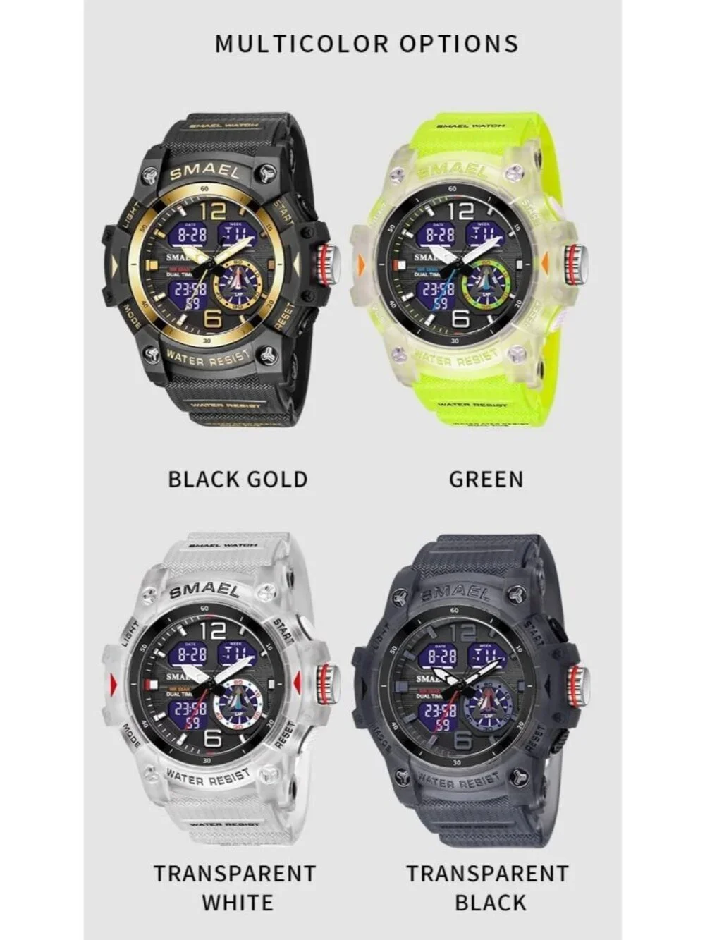 Mens Translucent&Green Analog Quartz S-Shock Waterproof Sports LED Digital Watch